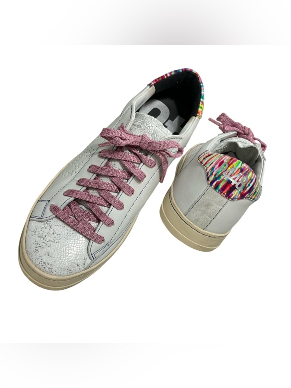 New P448 Jack Low Top White Leather Sneakers Pink Laces Multicolor Heel Size 40